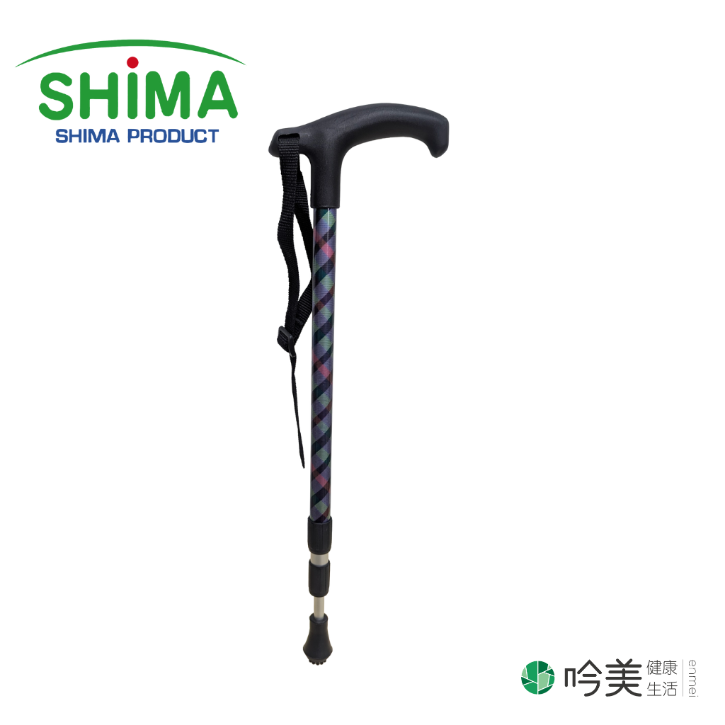 SHIMA 三節式 T 型握把健走杖,霓彩斜紋款正面與腕帶